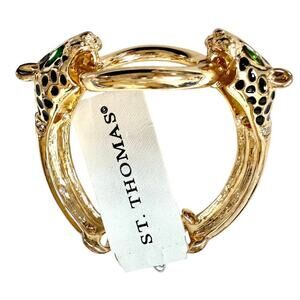 NEW Vintage St Thomas Gold Tone Green Eyes Double Leopard Head Toggle Bracelet